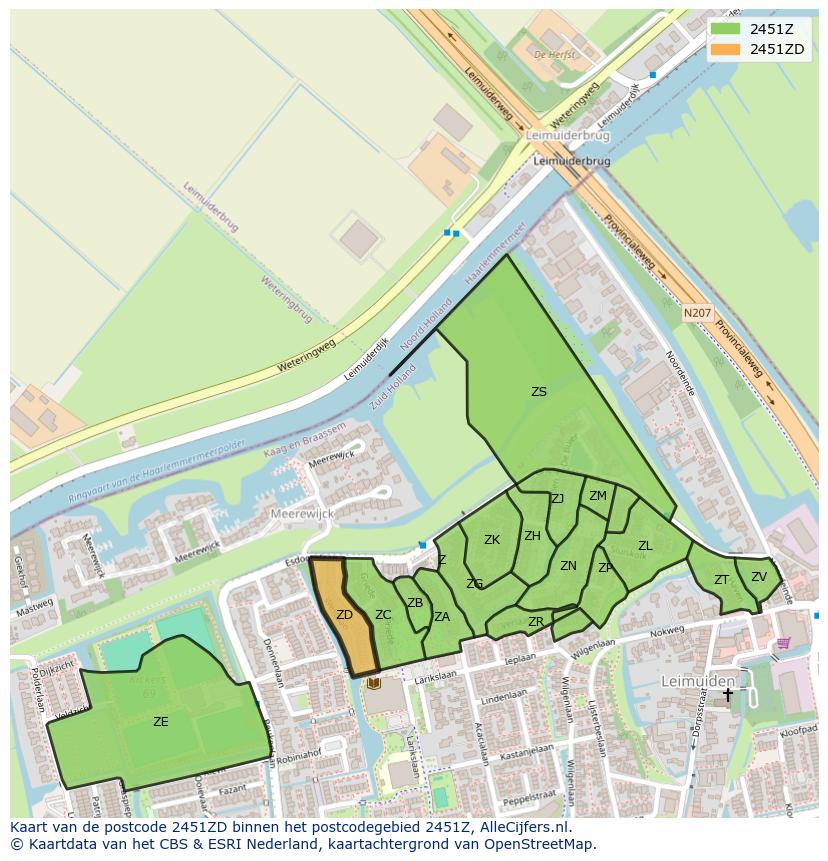 Afbeelding van het postcodegebied 2451 ZD op de kaart.