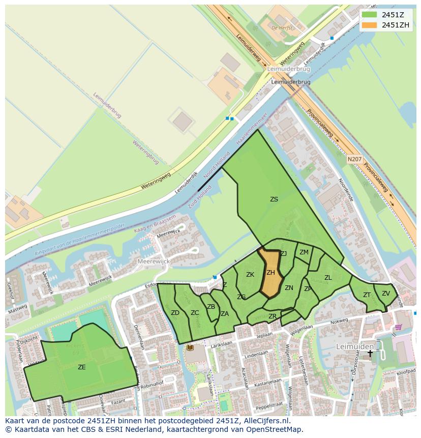 Afbeelding van het postcodegebied 2451 ZH op de kaart.