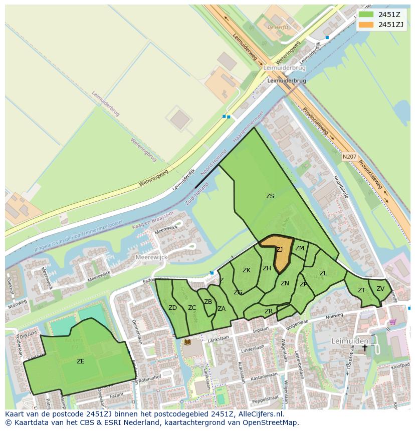 Afbeelding van het postcodegebied 2451 ZJ op de kaart.