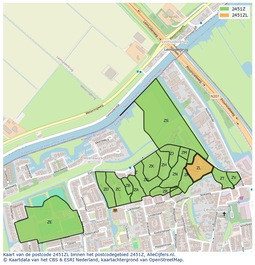 Afbeelding van het postcodegebied 2451 ZL op de kaart.