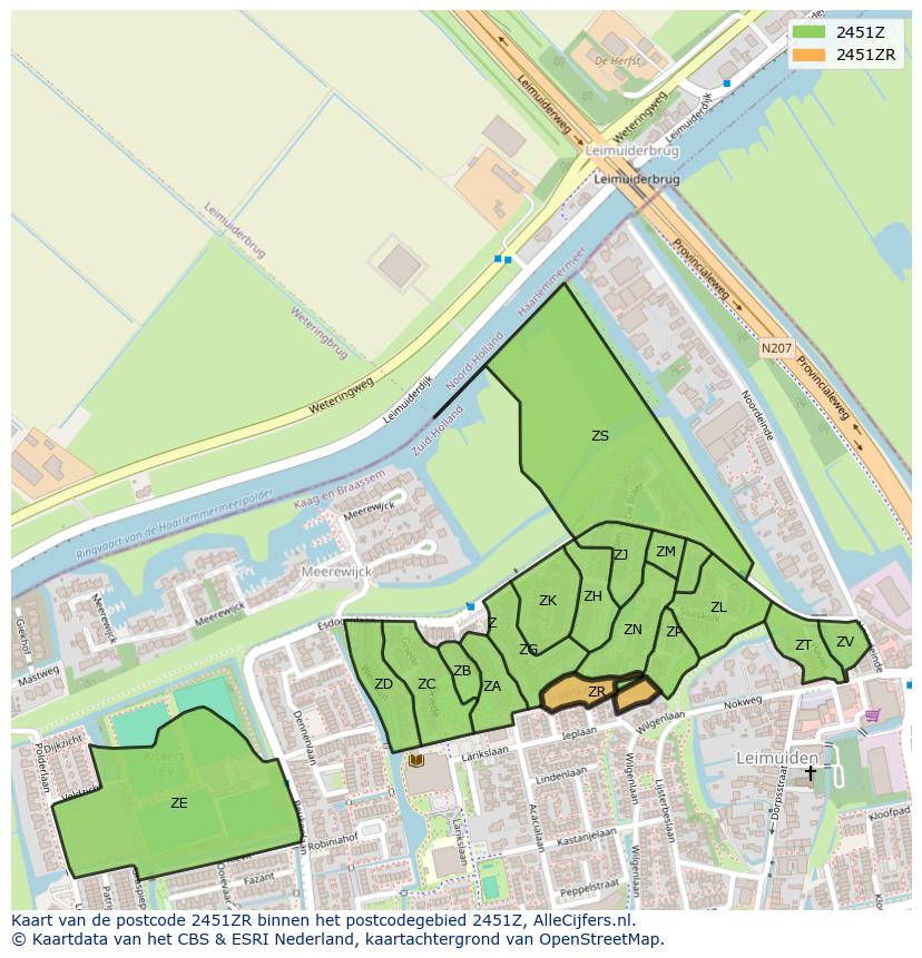 Afbeelding van het postcodegebied 2451 ZR op de kaart.