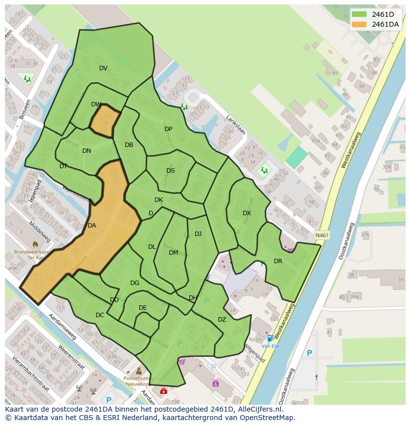 Afbeelding van het postcodegebied 2461 DA op de kaart.