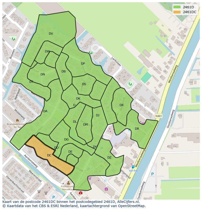 Afbeelding van het postcodegebied 2461 DC op de kaart.