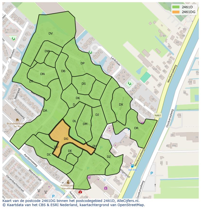Afbeelding van het postcodegebied 2461 DG op de kaart.