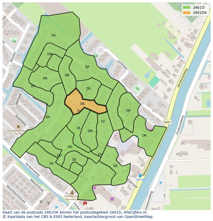 Afbeelding van het postcodegebied 2461 DK op de kaart.