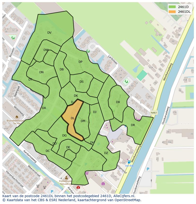 Afbeelding van het postcodegebied 2461 DL op de kaart.