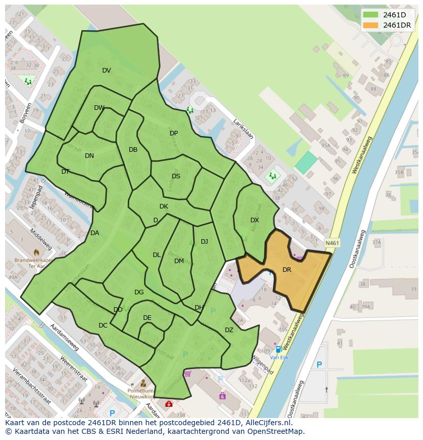 Afbeelding van het postcodegebied 2461 DR op de kaart.