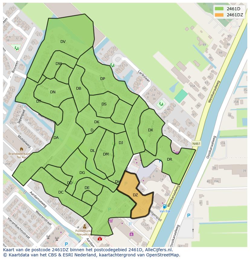 Afbeelding van het postcodegebied 2461 DZ op de kaart.