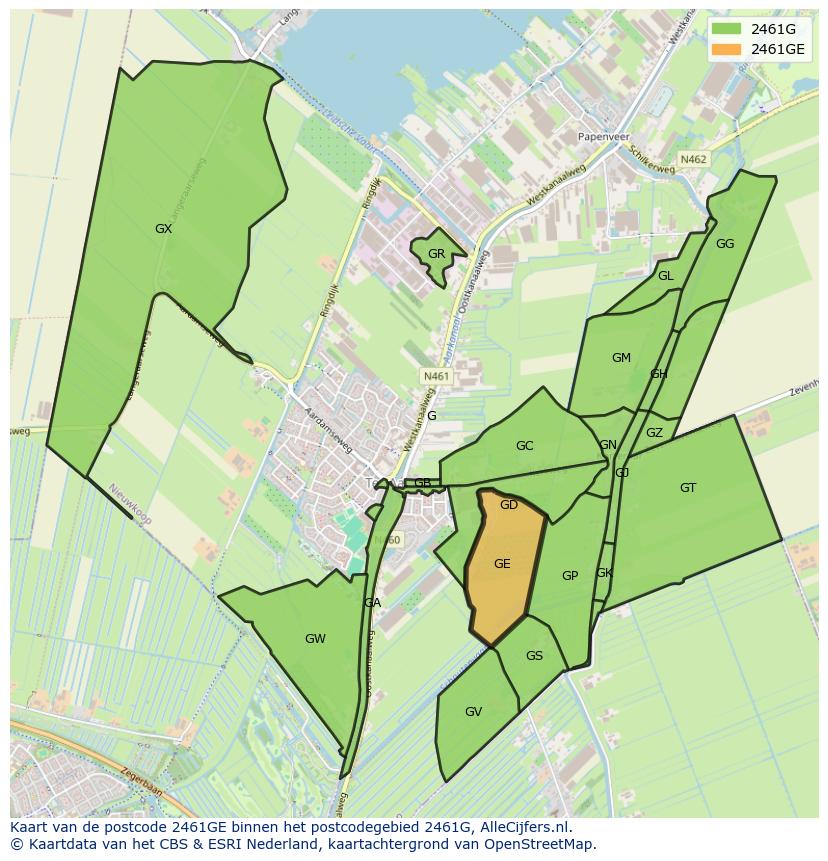 Afbeelding van het postcodegebied 2461 GE op de kaart.