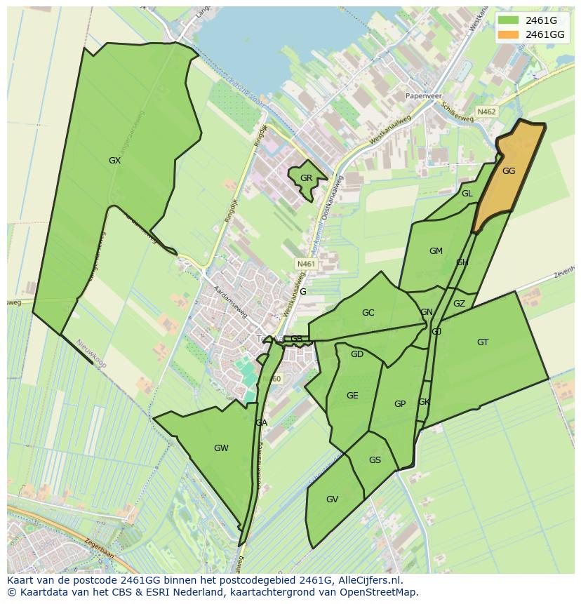 Afbeelding van het postcodegebied 2461 GG op de kaart.