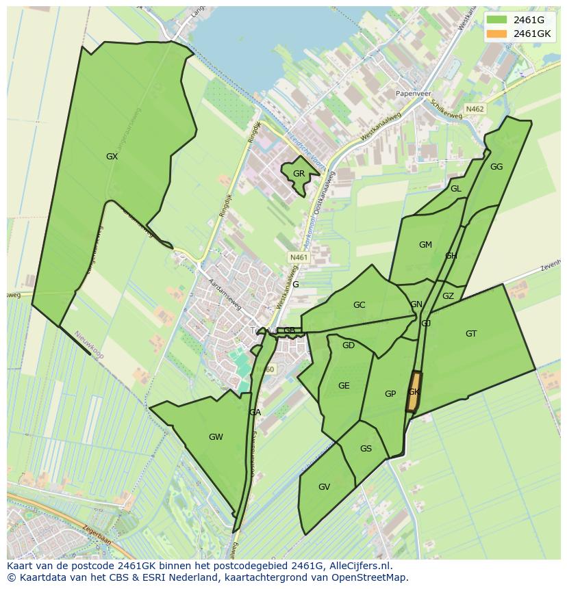 Afbeelding van het postcodegebied 2461 GK op de kaart.