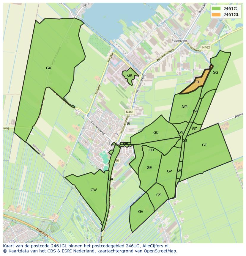 Afbeelding van het postcodegebied 2461 GL op de kaart.