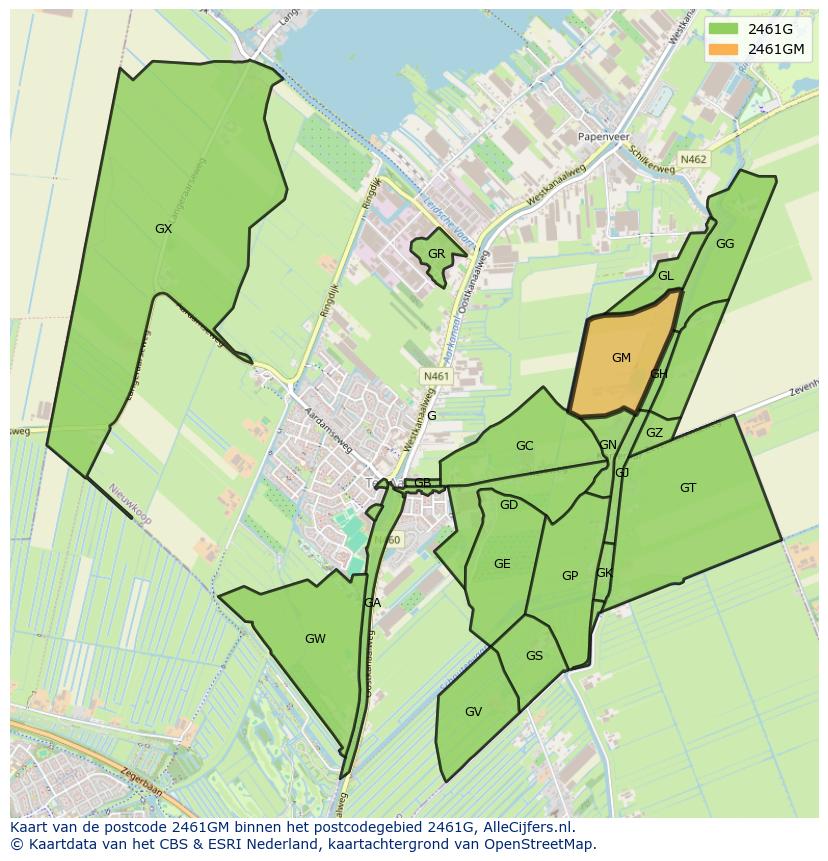 Afbeelding van het postcodegebied 2461 GM op de kaart.