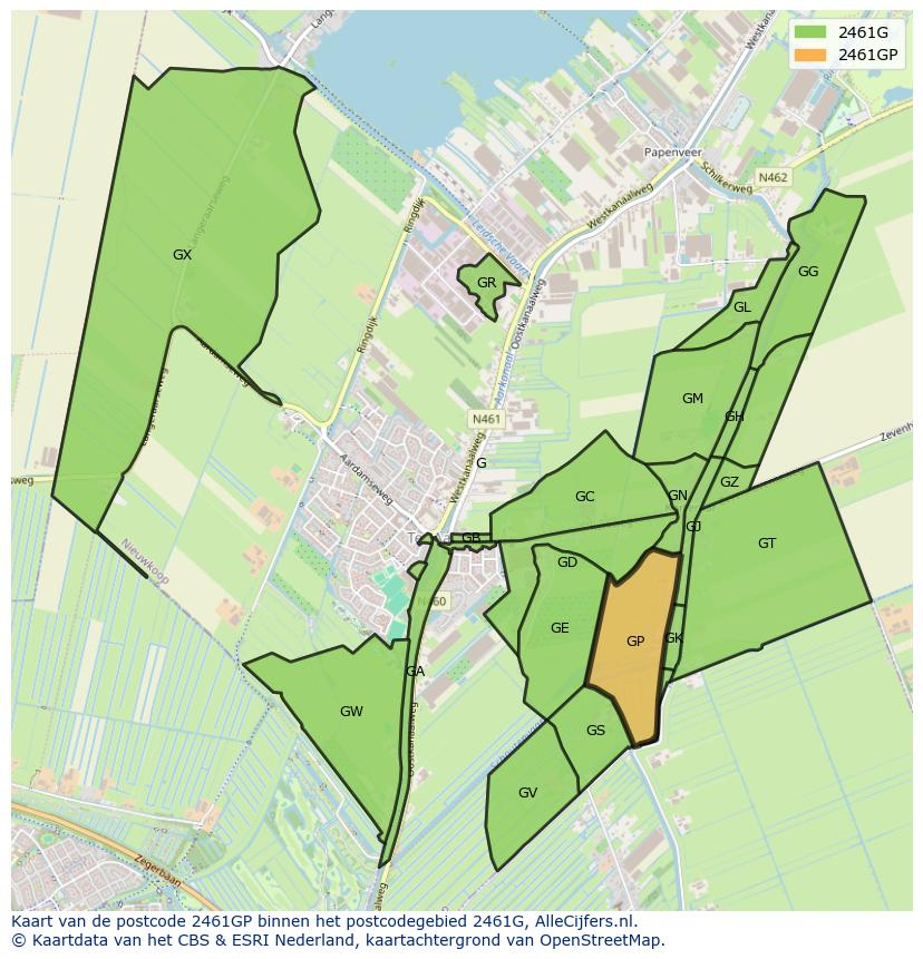 Afbeelding van het postcodegebied 2461 GP op de kaart.