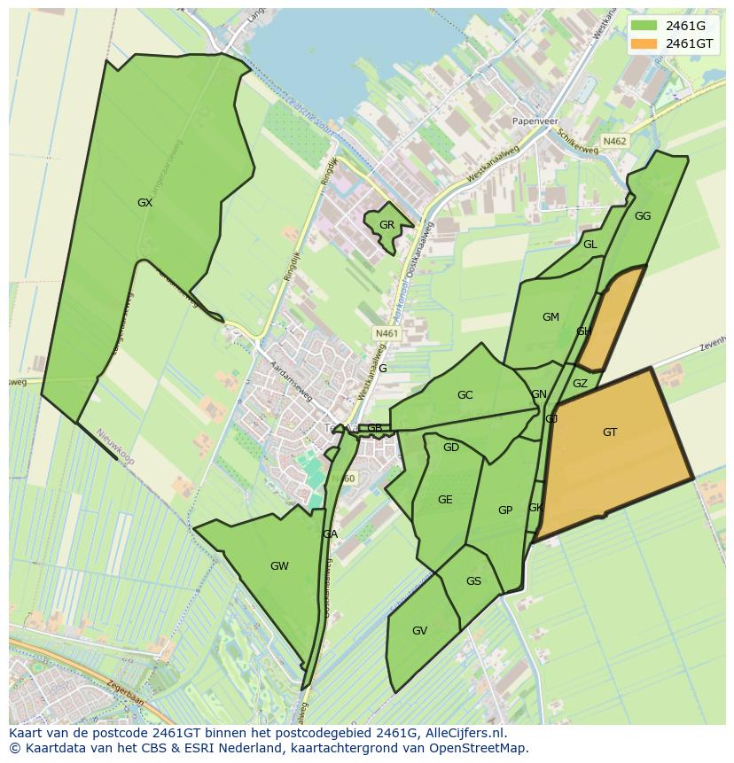 Afbeelding van het postcodegebied 2461 GT op de kaart.