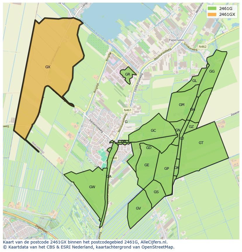 Afbeelding van het postcodegebied 2461 GX op de kaart.