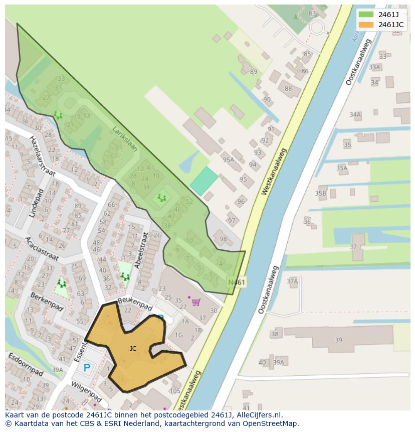 Afbeelding van het postcodegebied 2461 JC op de kaart.