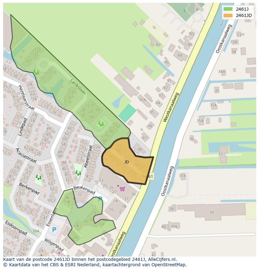 Afbeelding van het postcodegebied 2461 JD op de kaart.