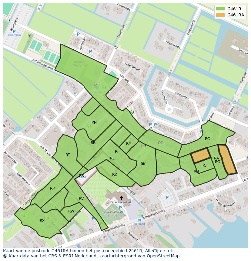 Afbeelding van het postcodegebied 2461 RA op de kaart.