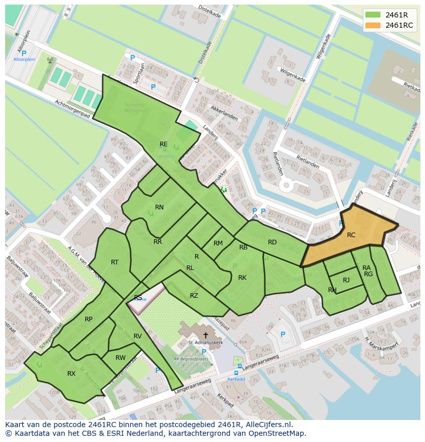 Afbeelding van het postcodegebied 2461 RC op de kaart.