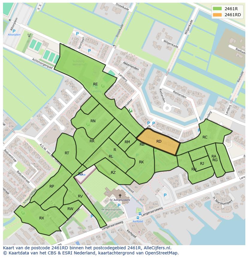 Afbeelding van het postcodegebied 2461 RD op de kaart.