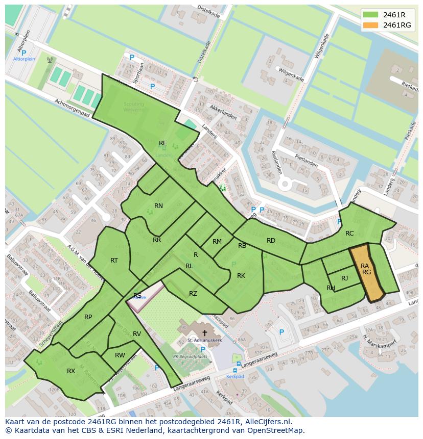 Afbeelding van het postcodegebied 2461 RG op de kaart.