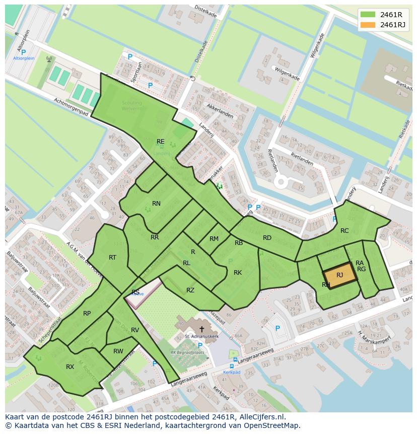 Afbeelding van het postcodegebied 2461 RJ op de kaart.