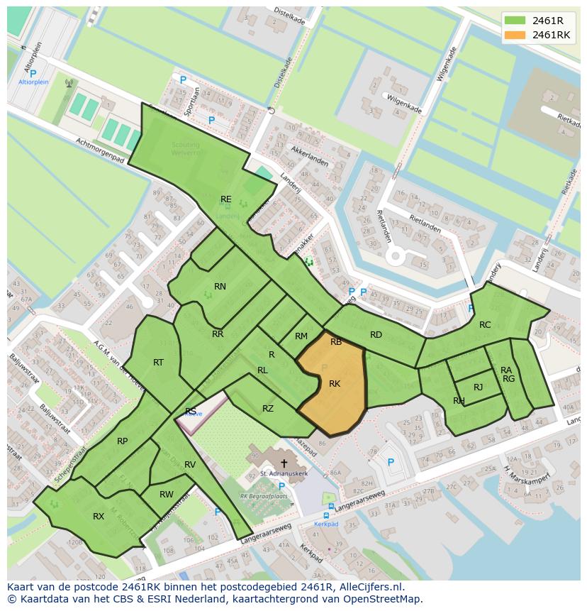 Afbeelding van het postcodegebied 2461 RK op de kaart.