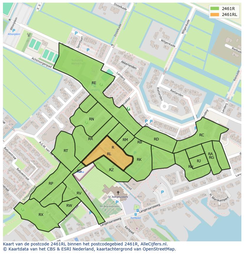 Afbeelding van het postcodegebied 2461 RL op de kaart.