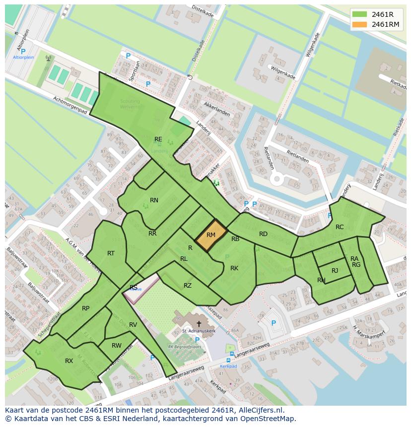 Afbeelding van het postcodegebied 2461 RM op de kaart.