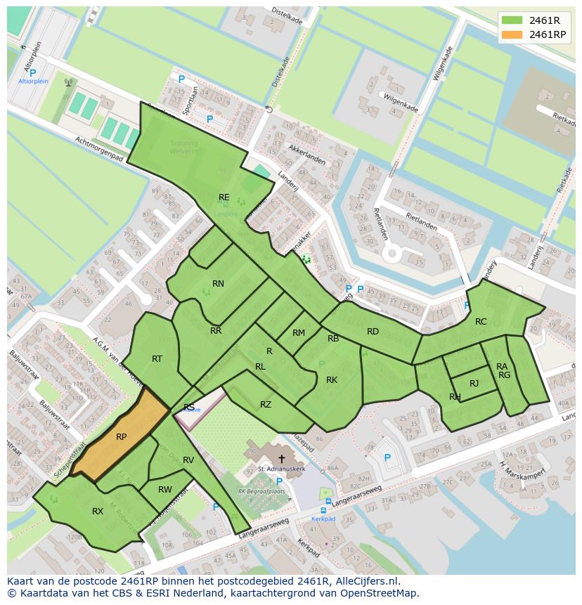 Afbeelding van het postcodegebied 2461 RP op de kaart.