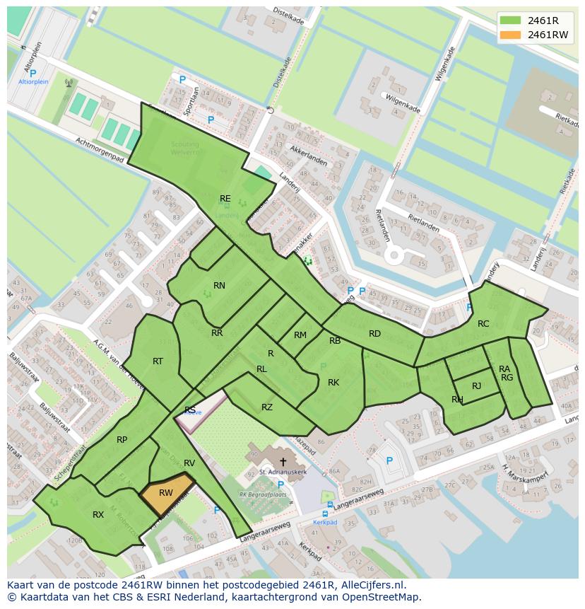 Afbeelding van het postcodegebied 2461 RW op de kaart.