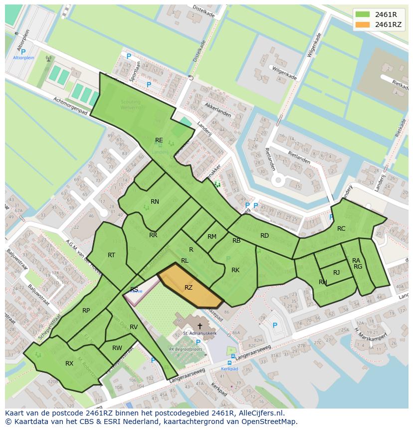 Afbeelding van het postcodegebied 2461 RZ op de kaart.