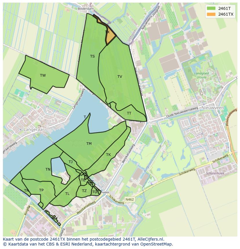 Afbeelding van het postcodegebied 2461 TX op de kaart.