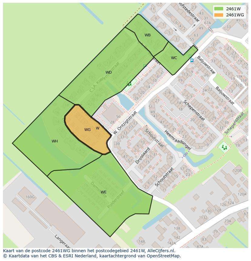 Afbeelding van het postcodegebied 2461 WG op de kaart.