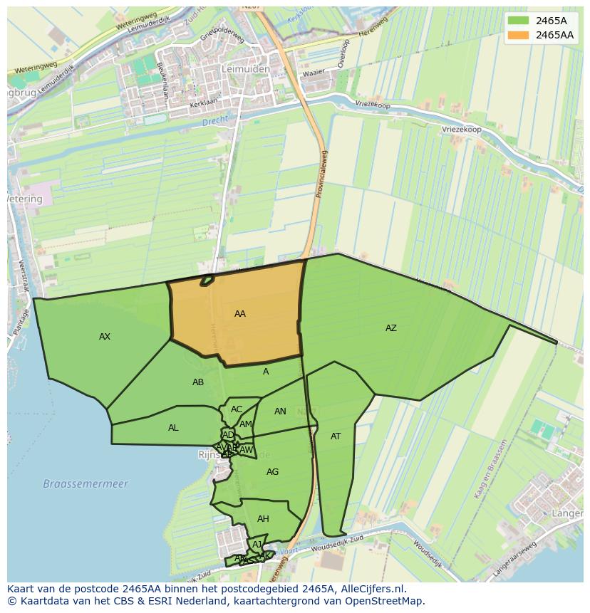 Afbeelding van het postcodegebied 2465 AA op de kaart.