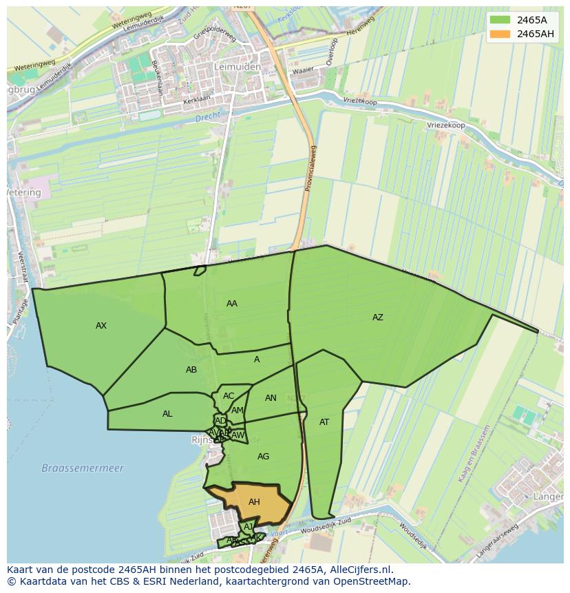 Afbeelding van het postcodegebied 2465 AH op de kaart.