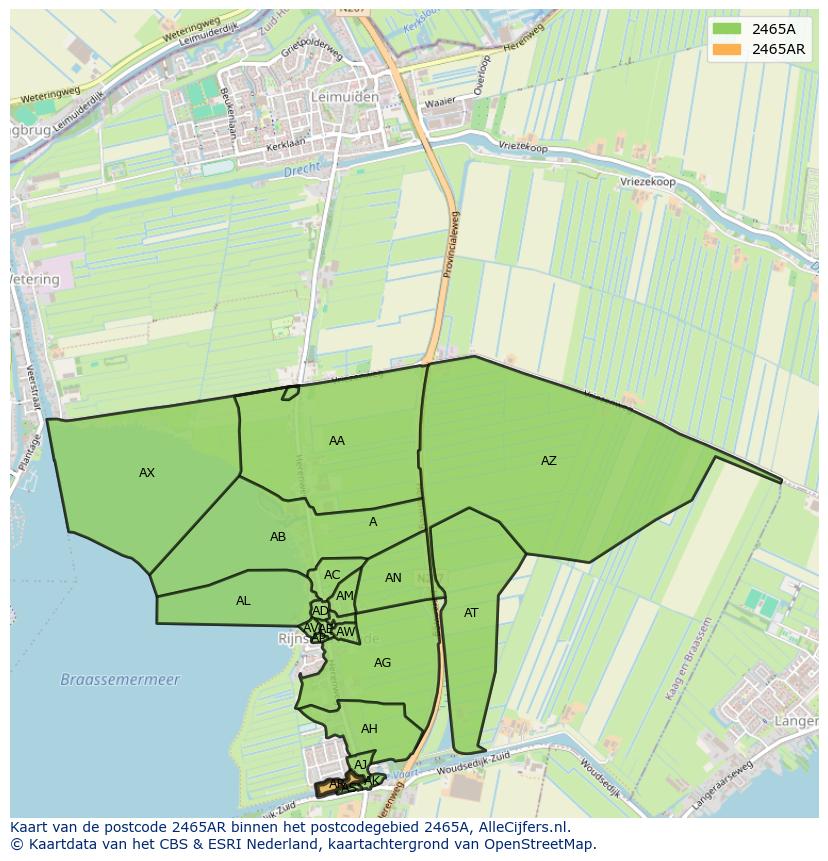 Afbeelding van het postcodegebied 2465 AR op de kaart.