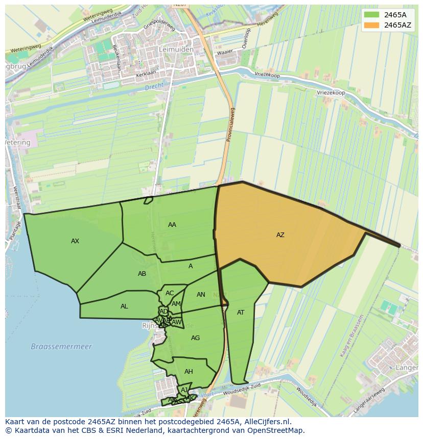 Afbeelding van het postcodegebied 2465 AZ op de kaart.