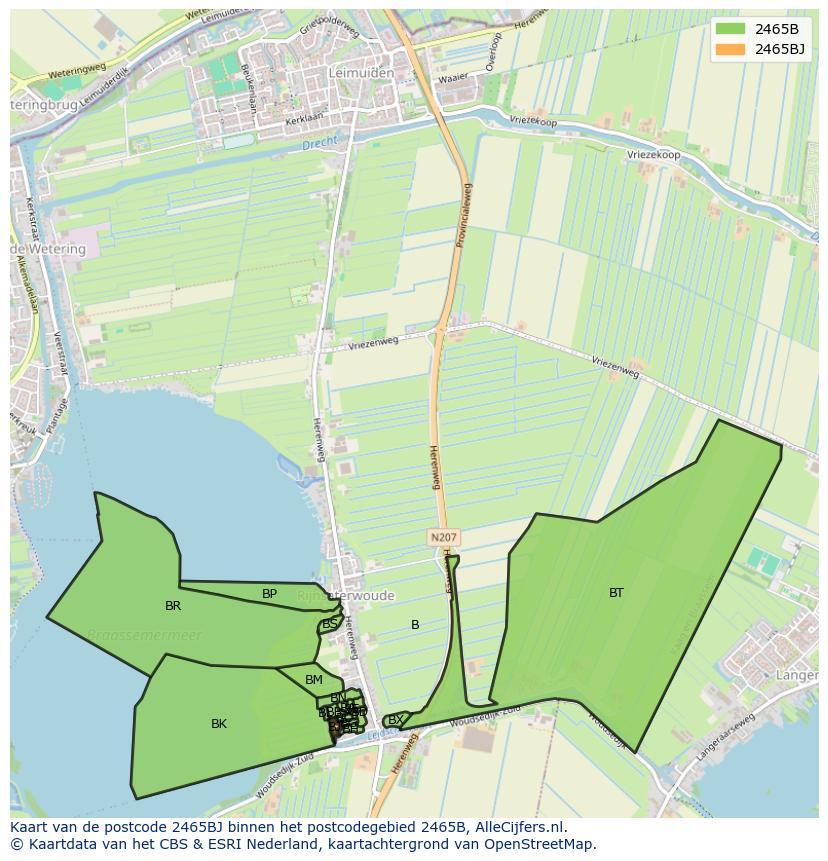 Afbeelding van het postcodegebied 2465 BJ op de kaart.