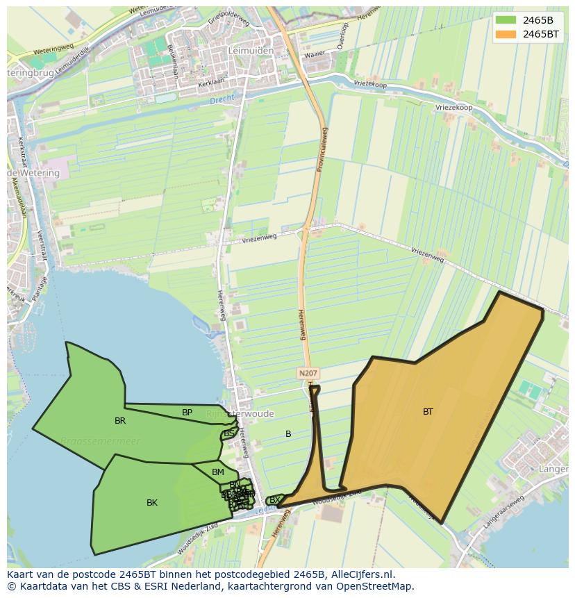 Afbeelding van het postcodegebied 2465 BT op de kaart.