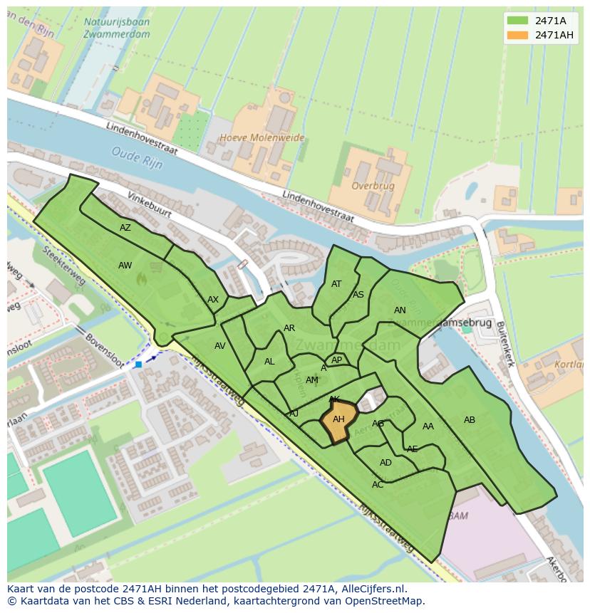 Afbeelding van het postcodegebied 2471 AH op de kaart.