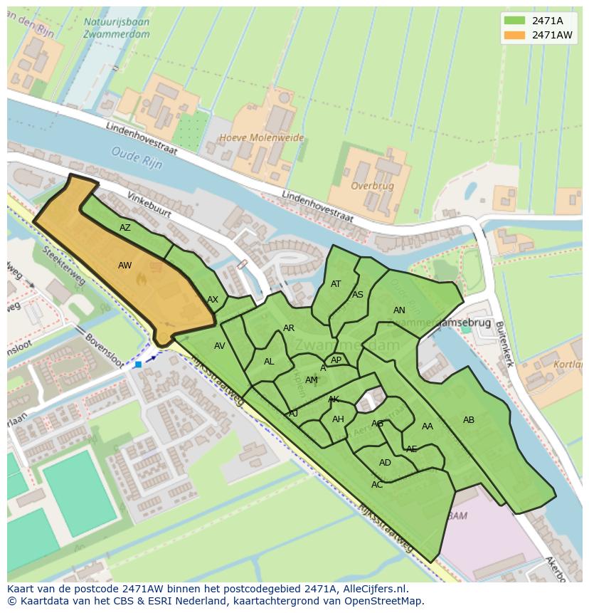 Afbeelding van het postcodegebied 2471 AW op de kaart.