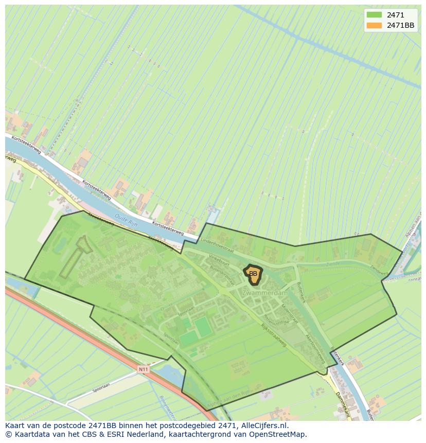 Afbeelding van het postcodegebied 2471 BB op de kaart.