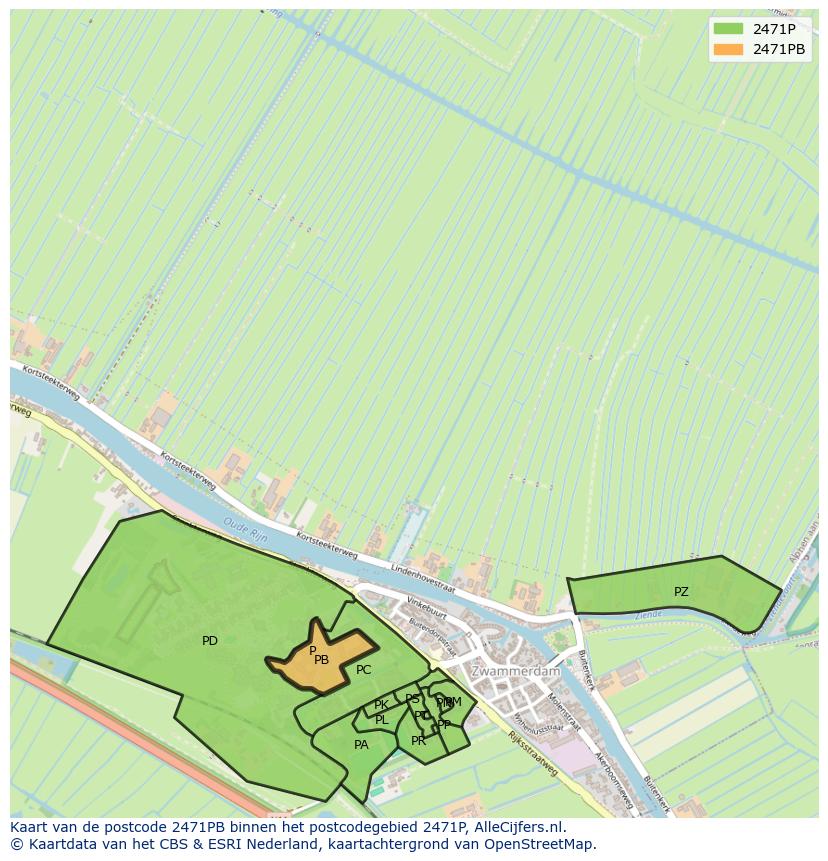 Afbeelding van het postcodegebied 2471 PB op de kaart.