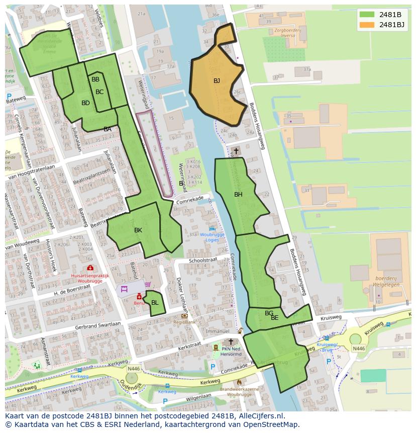 Afbeelding van het postcodegebied 2481 BJ op de kaart.