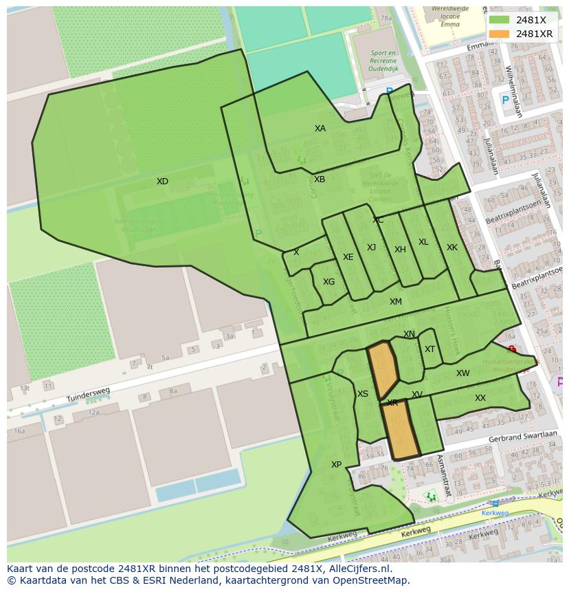 Afbeelding van het postcodegebied 2481 XR op de kaart.