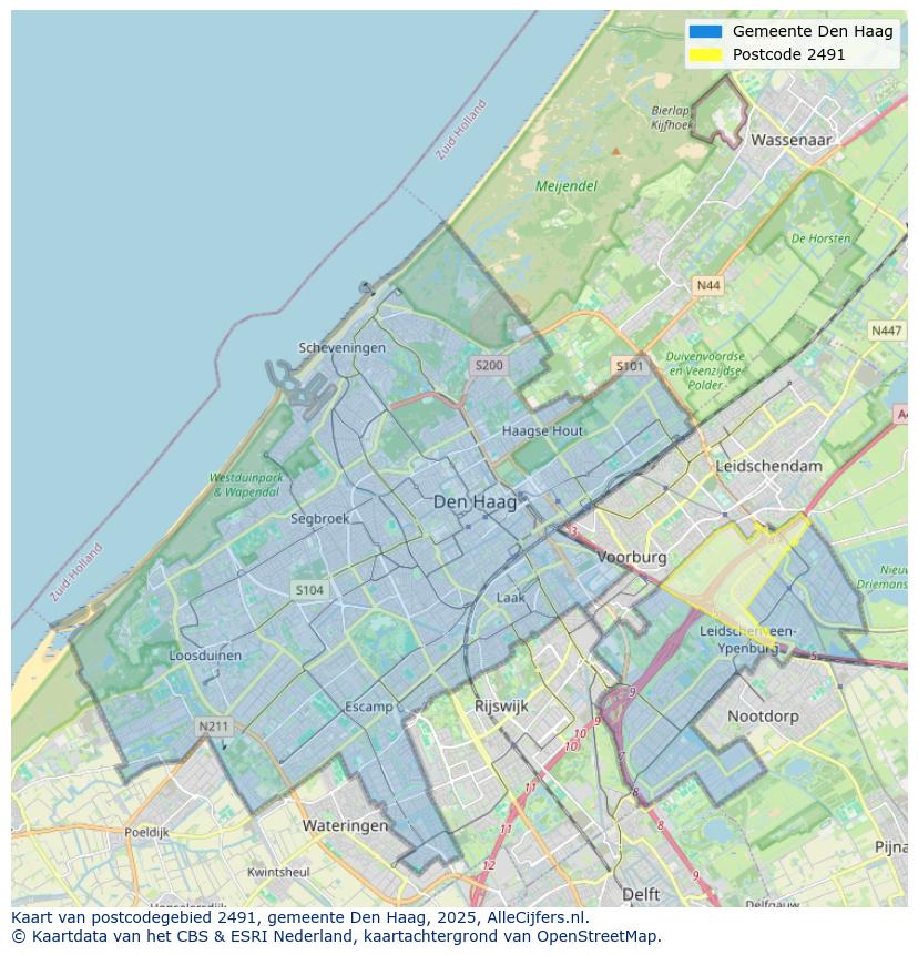 Afbeelding van het postcodegebied 2491 op de kaart.