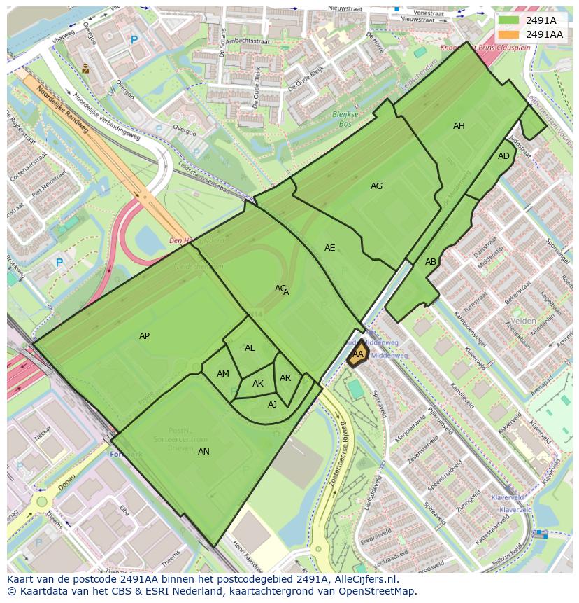 Afbeelding van het postcodegebied 2491 AA op de kaart.