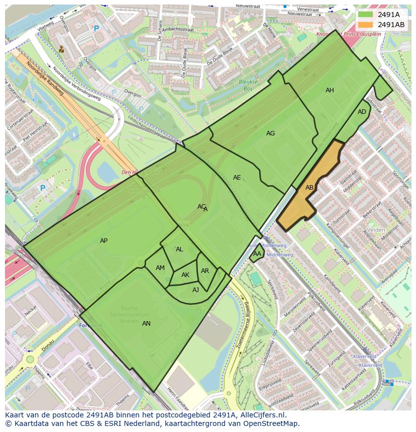 Afbeelding van het postcodegebied 2491 AB op de kaart.